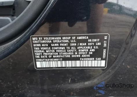 2017 Volkswagen Passat 1.8T S z USA, uszkodzony, nr VIN 1VWAT7A31HC068117